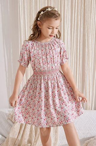 tiny sugar Girls Floral Smocked Waist Dress Church Holiday Playwear Soft Midi Dress with Pockets in Kuwait