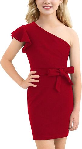 21KIDS Girl's One Shoulder Ruffle Flounce Sleeve Pencil Party Birthday Dress with Belt 8-12 Years in Saudi Arabia