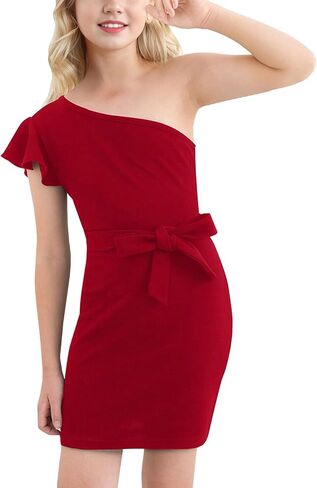 21KIDS Girl's One Shoulder Ruffle Flounce Sleeve Pencil Party Birthday Dress with Belt 8-12 Years in Saudi Arabia