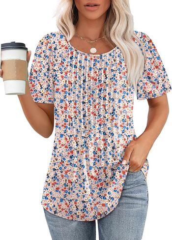 WIHOLL Short Sleeve Shirts for Women Summer Dressy Casual Tops Pleated Front in Saudi Arabia