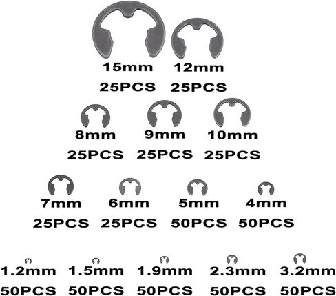 MCMASKE 525PCS 14 Kinds Metric E-Clips Side-Mount External Retaining Rings Assortment Kit,1.2mm to 15mm Nominal Diameter,Black Phosphate Finish in Kuwait