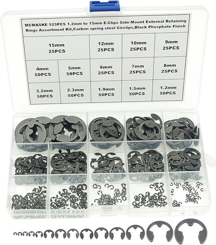 MCMASKE 525PCS 14 Kinds Metric E-Clips Side-Mount External Retaining Rings Assortment Kit,1.2mm to 15mm Nominal Diameter,Black Phosphate Finish in Kuwait