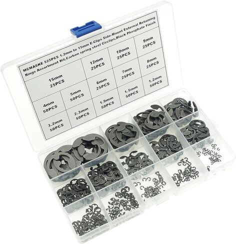 MCMASKE 525PCS 14 Kinds Metric E-Clips Side-Mount External Retaining Rings Assortment Kit,1.2mm to 15mm Nominal Diameter,Black Phosphate Finish in Kuwait