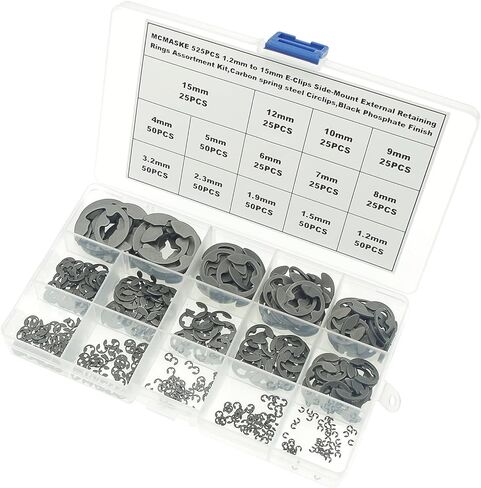MCMASKE 525PCS 14 Kinds Metric E-Clips Side-Mount External Retaining Rings Assortment Kit,1.2mm to 15mm Nominal Diameter,Black Phosphate Finish in Kuwait