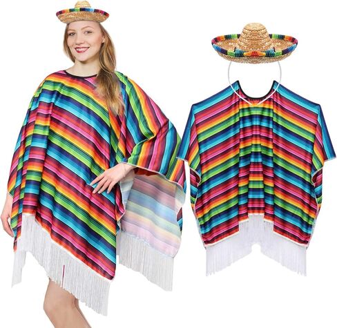 2 Pcs Adults Mexican Serape Poncho Costume Straw Sombrero Headbands Set, Fiesta Ponchos Sombrero Hats Mexican Hat Headband for Cinco De Mayo Party Decorations Birthday Costume Accessories Women Men in Saudi Arabia