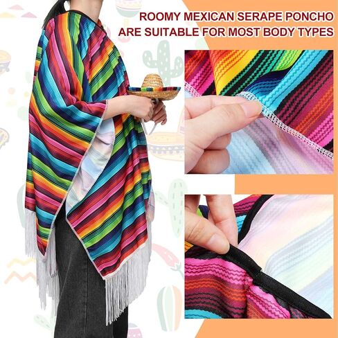 2 Pcs Adults Mexican Serape Poncho Costume Straw Sombrero Headbands Set, Fiesta Ponchos Sombrero Hats Mexican Hat Headband for Cinco De Mayo Party Decorations Birthday Costume Accessories Women Men in Saudi Arabia