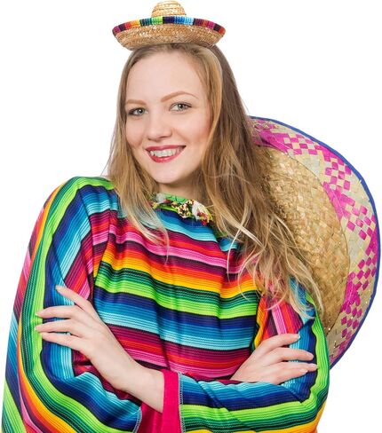 2 Pcs Adults Mexican Serape Poncho Costume Straw Sombrero Headbands Set, Fiesta Ponchos Sombrero Hats Mexican Hat Headband for Cinco De Mayo Party Decorations Birthday Costume Accessories Women Men in Saudi Arabia