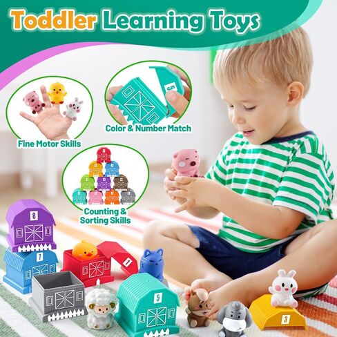 20 Pcs Farm Animals Toy for Toddlers 1 2 3 Year Old,Learning Toy with Finger Puppets & Barn,Montessori Toys Counting & Matching & Sorting Fine Motor Games,Present for Baby 12-18 Months in Kuwait