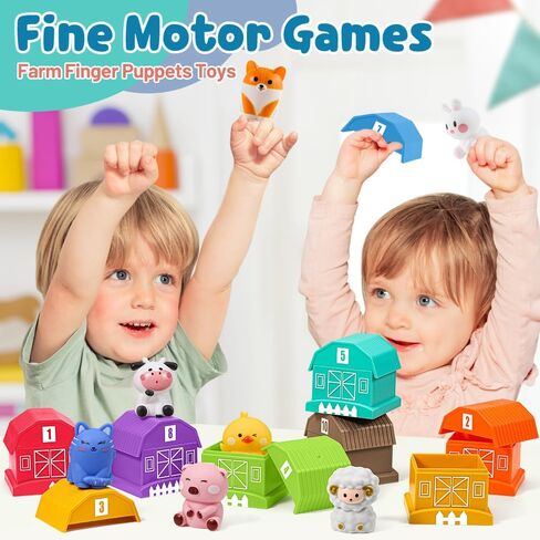 20 Pcs Farm Animals Toy for Toddlers 1 2 3 Year Old,Learning Toy with Finger Puppets & Barn,Montessori Toys Counting & Matching & Sorting Fine Motor Games,Present for Baby 12-18 Months in Kuwait
