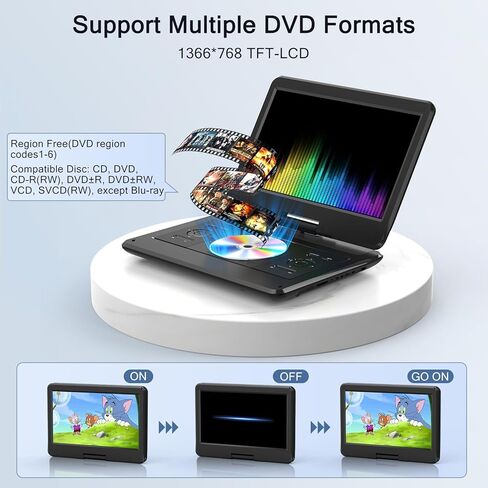 16.9" Portable DVD Player with 14.1" Large HD Screen, 4-6 Hours Rechargeable Battery, Car DVD Player,Regions Free,Dual Speakers, Support CD/DVD/SD Card/USB,[Not Support Blu-Ray]… in Kuwait