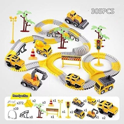 Construction Race Tracks for Kids Toys,305 pcs Tracks 2 Electric Toy Cars,4Construction Cars, DIY Collage Flexible Track Toys Set, Kids Gifts for 3 4 5 6 7 8 Year Old Boys and Girls Toys in Saudi Arabia