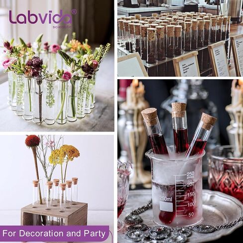 Labvida 50-Pack 16ml(0.54oz) Glass Test Tubes - 20x100mm, Round Bottom, with Cork Stoppers & Brush. Ideal for Lab Experiments, Plant Propagation, Storage (Candies, Spices), Bath Salts, Home Decor in Kuwait