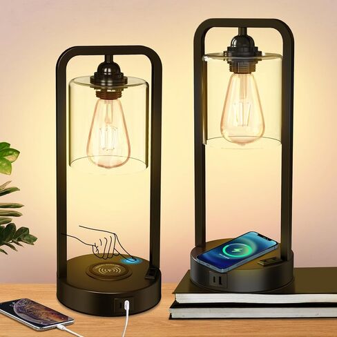 مصباح طاولة شحن لاسلكي لغرفة النوم مكون من 2، تحكم باللمس قابل للتعتيم مع منافذ USB من النوع C ومصباح منضدة بجانب السرير ومنفذ تيار متردد، مصباح مكتب صناعي بظل زجاجي للمكتب المنزلي، تتضمن المصابيح in Saudi Arabia