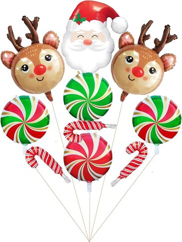 10 PCS Christmas Foil Balloons, Santa Claus Balloon for Christmas Party Decorations, Cute Reindeer Balloons for Xmas Party, Candy Cane Balloons for New Years Party Birthday Party in Saudi Arabia