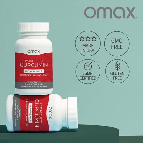عبوة من قطعتين من Omax3 - كبسولات هلامية من الكركمين والكركم من HydroCurc، جسيمات نانوية من زيت MCT عالية التوافر بيولوجيًا للفعالية والامتصاص، وصحة المفاصل، 120 كبسولة هلامية in Kuwait