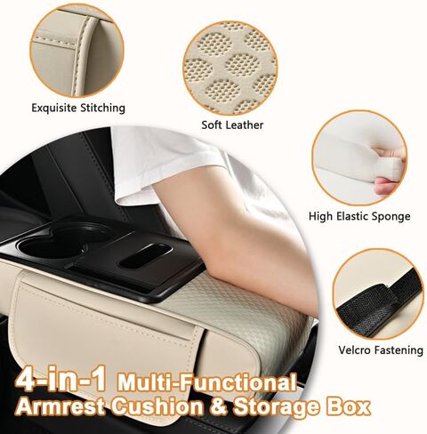 Car Center Console Cover for Kia Soul 2010 2011 2012 2013 2014 2015, 5-in-1 Leather Arm Rest Cushion Pad with Tissue Box, Cup & Phone Holder, 2 Storage Bags, Comfort Support,A Beige in Saudi Arabia