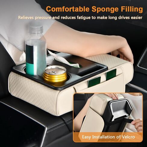 Car Center Console Cover for Kia Soul 2010 2011 2012 2013 2014 2015, 5-in-1 Leather Arm Rest Cushion Pad with Tissue Box, Cup & Phone Holder, 2 Storage Bags, Comfort Support,A Beige in Saudi Arabia