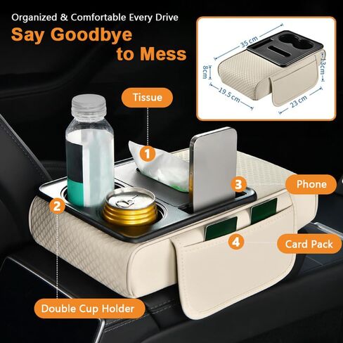 Car Center Console Cover for Kia Soul 2010 2011 2012 2013 2014 2015, 5-in-1 Leather Arm Rest Cushion Pad with Tissue Box, Cup & Phone Holder, 2 Storage Bags, Comfort Support,A Beige in Saudi Arabia
