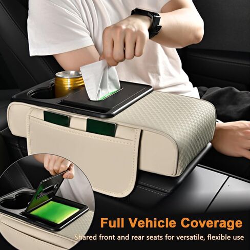 Car Center Console Cover for Kia Soul 2010 2011 2012 2013 2014 2015, 5-in-1 Leather Arm Rest Cushion Pad with Tissue Box, Cup & Phone Holder, 2 Storage Bags, Comfort Support,A Beige in Saudi Arabia