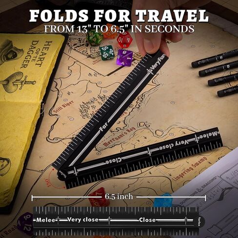 Tabletop RPG Range Ruler – Foldable Aluminum Combat Measuring Tool for Daggerheart & Wargames | 13 Inch Distance Bar with Pencil Set | GM Tool & Gift for Gamers in Saudi Arabia