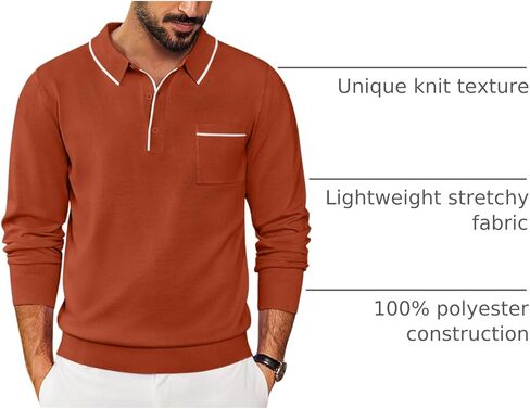 COOFANDY Knitted Long Sleeve for Men Button Collar Polo Sweaters Casual Business Dress Polo Fall Mens Sweater Polo Brown in Kuwait