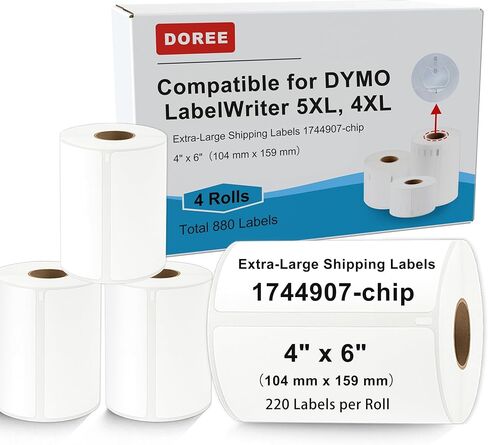 DOREE 4-Roll 4" x 6" Extra-Large Shipping Labels 1744907 with chip, Compatible with Dymo LW 5XL and 4XL Label Printers. (Thermal Shipping Labels, White,4-Rolls Total 880) in Saudi Arabia