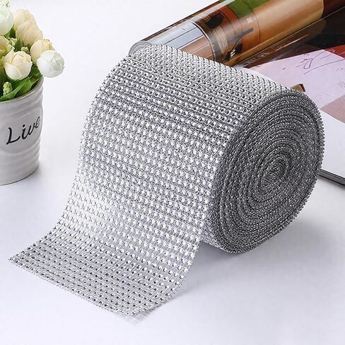 1 Yards Rhinestone Ribbon Roll, 24 Row Rhinestone Strip, Bling Wrap Diamond Ribbon Strip for Wedding Cake DIY Party Supplies, Silver in Saudi Arabia