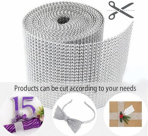 1 Yards Rhinestone Ribbon Roll, 24 Row Rhinestone Strip, Bling Wrap Diamond Ribbon Strip for Wedding Cake DIY Party Supplies, Silver in Saudi Arabia