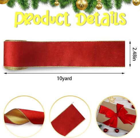 ABTOLS 2 Roll 20 Yards Christmas Ribbons 2.5", Red Velvet Wired Edge Burlap Ribbons Glitter Christmas Elk Deer Ribbons for New Year Home Decor DIY Crafts Wreaths Bow in Saudi Arabia