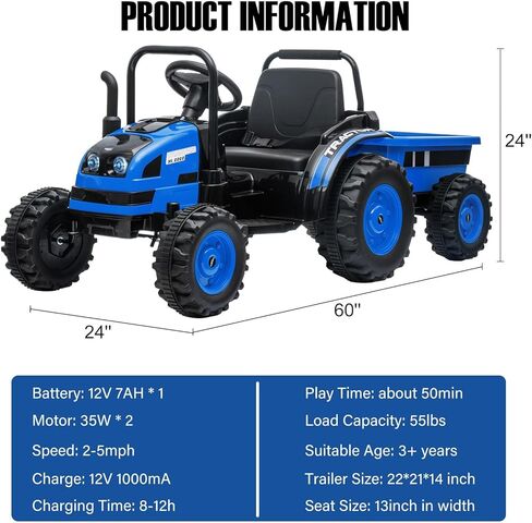 Kids Ride On Tractor with Trailer, 12V Battery Powered Electric Tractor with Remote Control, Music, USB, Led Lights, Audio, Safety Belt, 35W Dual Motors, Unload Button, Blue in Saudi Arabia