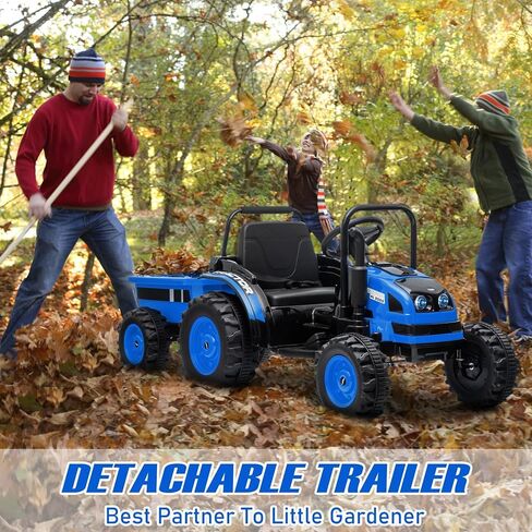 Kids Ride On Tractor with Trailer, 12V Battery Powered Electric Tractor with Remote Control, Music, USB, Led Lights, Audio, Safety Belt, 35W Dual Motors, Unload Button, Blue in Saudi Arabia