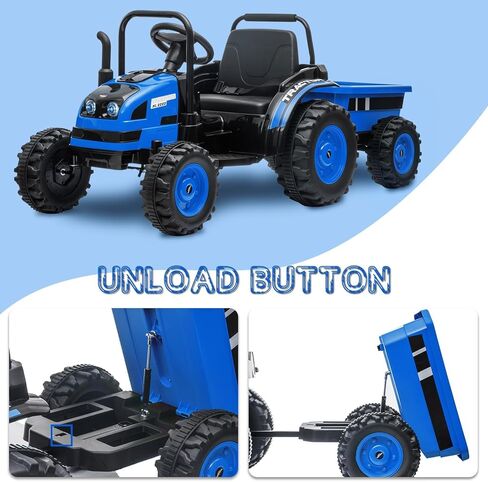 Kids Ride On Tractor with Trailer, 12V Battery Powered Electric Tractor with Remote Control, Music, USB, Led Lights, Audio, Safety Belt, 35W Dual Motors, Unload Button, Blue in Saudi Arabia