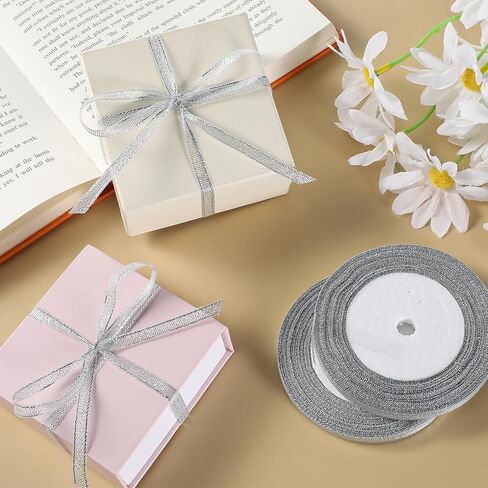 6 Rolls Silver Organza Ribbons 150 Yards 1/4inch Thin Sparkly Fabric Ribbon Cut Edge Christmas Ribbon for Gifts DIY Party Wrapping Wedding Decoration and Crafts in Kuwait