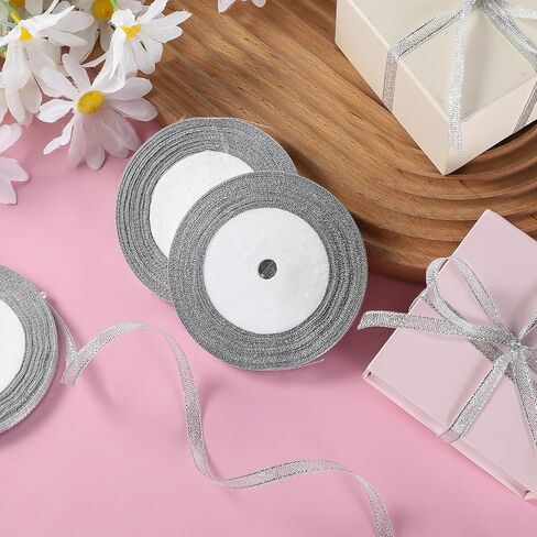 6 Rolls Silver Organza Ribbons 150 Yards 1/4inch Thin Sparkly Fabric Ribbon Cut Edge Christmas Ribbon for Gifts DIY Party Wrapping Wedding Decoration and Crafts in Kuwait