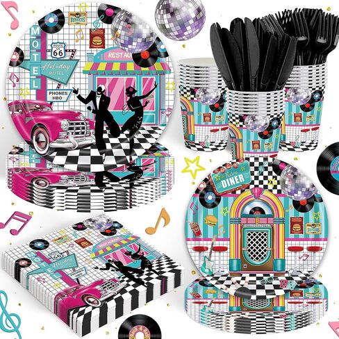 120pcs 50's Theme Party Supplies Back to 1950's Sock Hop Birthday Party Decoration Retro Rock and Roll Tableware Fabulous For Serves 20 Guests in Saudi Arabia