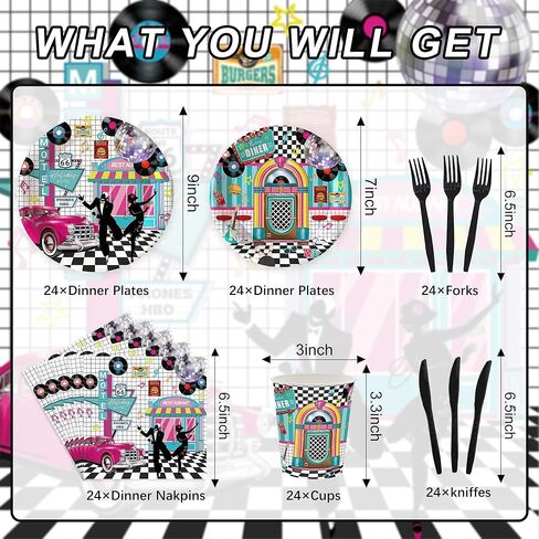 120pcs 50's Theme Party Supplies Back to 1950's Sock Hop Birthday Party Decoration Retro Rock and Roll Tableware Fabulous For Serves 20 Guests in Saudi Arabia