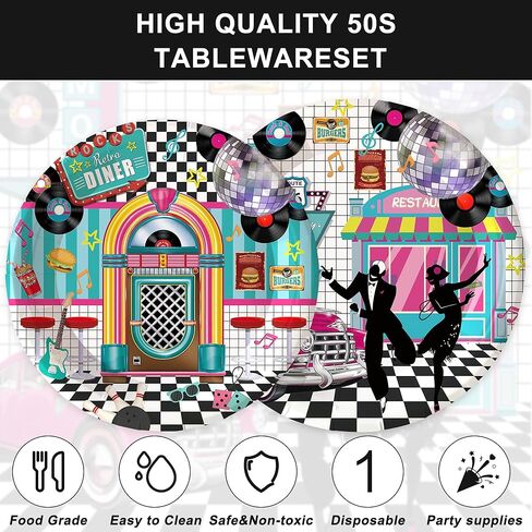 120pcs 50's Theme Party Supplies Back to 1950's Sock Hop Birthday Party Decoration Retro Rock and Roll Tableware Fabulous For Serves 20 Guests in Saudi Arabia