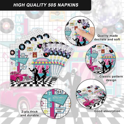 120pcs 50's Theme Party Supplies Back to 1950's Sock Hop Birthday Party Decoration Retro Rock and Roll Tableware Fabulous For Serves 20 Guests in Saudi Arabia