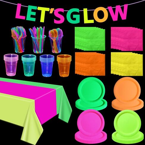 Glow in the Dark Party Supplies, Including Colorful Plates Napkins Tablecloth Banner and Dinnerware for Let's Glow Neon Party Decorations, Serves 20 in Saudi Arabia