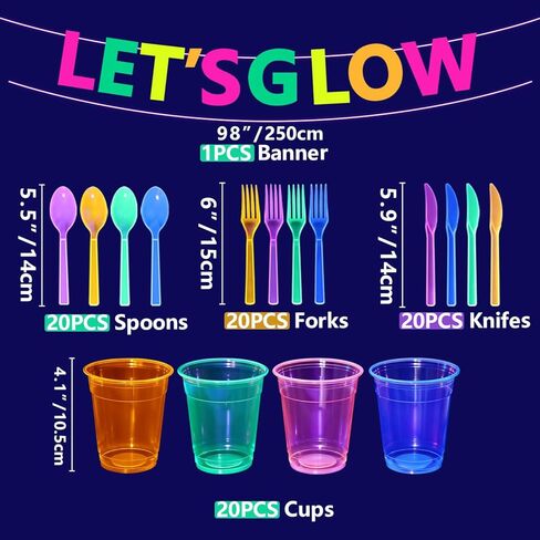 Glow in the Dark Party Supplies, Including Colorful Plates Napkins Tablecloth Banner and Dinnerware for Let's Glow Neon Party Decorations, Serves 20 in Saudi Arabia