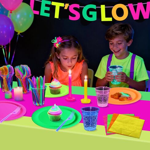 Glow in the Dark Party Supplies, Including Colorful Plates Napkins Tablecloth Banner and Dinnerware for Let's Glow Neon Party Decorations, Serves 20 in Saudi Arabia
