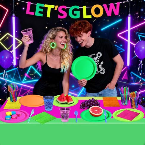 Glow in the Dark Party Supplies, Including Colorful Plates Napkins Tablecloth Banner and Dinnerware for Let's Glow Neon Party Decorations, Serves 20 in Saudi Arabia
