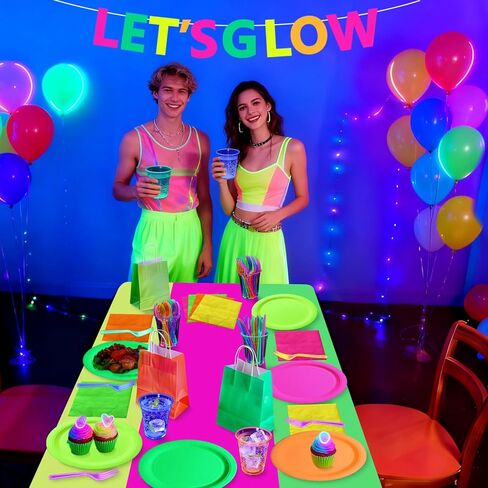 Glow in the Dark Party Supplies, Including Colorful Plates Napkins Tablecloth Banner and Dinnerware for Let's Glow Neon Party Decorations, Serves 20 in Saudi Arabia