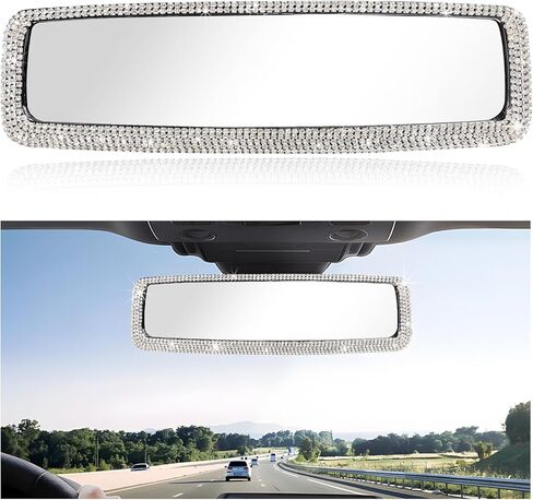 Car Bling Rear View Mirror, Sparkly HD Glass Crystal Diamond Studded Rhinestone Rearview Mirror, Decorative Rearview Mirrors for Women, Teens, Girls, Universal Car Accessories (White) in Saudi Arabia