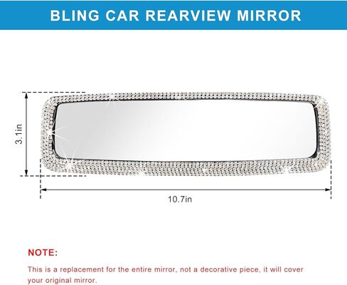 Car Bling Rear View Mirror, Sparkly HD Glass Crystal Diamond Studded Rhinestone Rearview Mirror, Decorative Rearview Mirrors for Women, Teens, Girls, Universal Car Accessories (White) in Saudi Arabia
