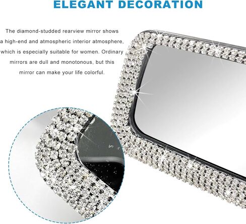 Car Bling Rear View Mirror, Sparkly HD Glass Crystal Diamond Studded Rhinestone Rearview Mirror, Decorative Rearview Mirrors for Women, Teens, Girls, Universal Car Accessories (White) in Saudi Arabia