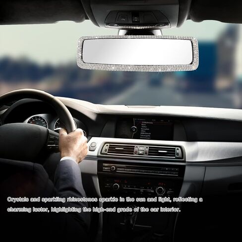 Car Bling Rear View Mirror, Sparkly HD Glass Crystal Diamond Studded Rhinestone Rearview Mirror, Decorative Rearview Mirrors for Women, Teens, Girls, Universal Car Accessories (White) in Saudi Arabia