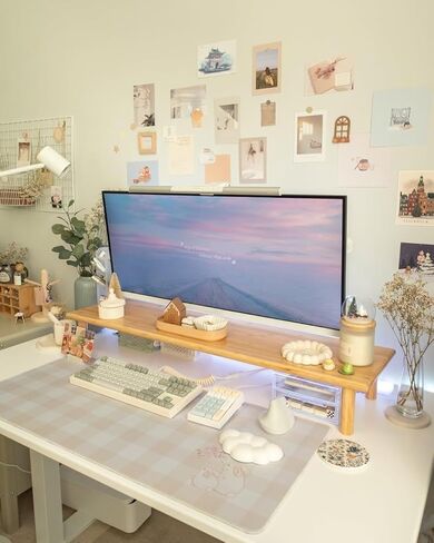 حامل شاشة مزدوج من خشب السنط من روكدير، حامل شاشة مكتب خشبي لشاشتين يدعم الشاشة والطابعة وحامل التلفزيون الثقيل حتى 130 رطلاً in Kuwait