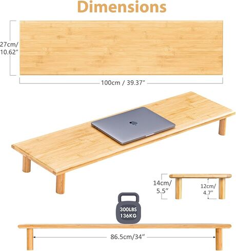 حامل شاشة مزدوج من خشب السنط من روكدير، حامل شاشة مكتب خشبي لشاشتين يدعم الشاشة والطابعة وحامل التلفزيون الثقيل حتى 130 رطلاً in Kuwait