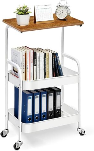 عربة دوارة مع سطح طاولة خشبي، عربة أدوات معدنية من 3 طبقات مع عجلات قابلة للقفل، عربة تخزين دوارة مع سطح طاولة للمطبخ والمكتب وغرفة النوم (أسود) in Kuwait